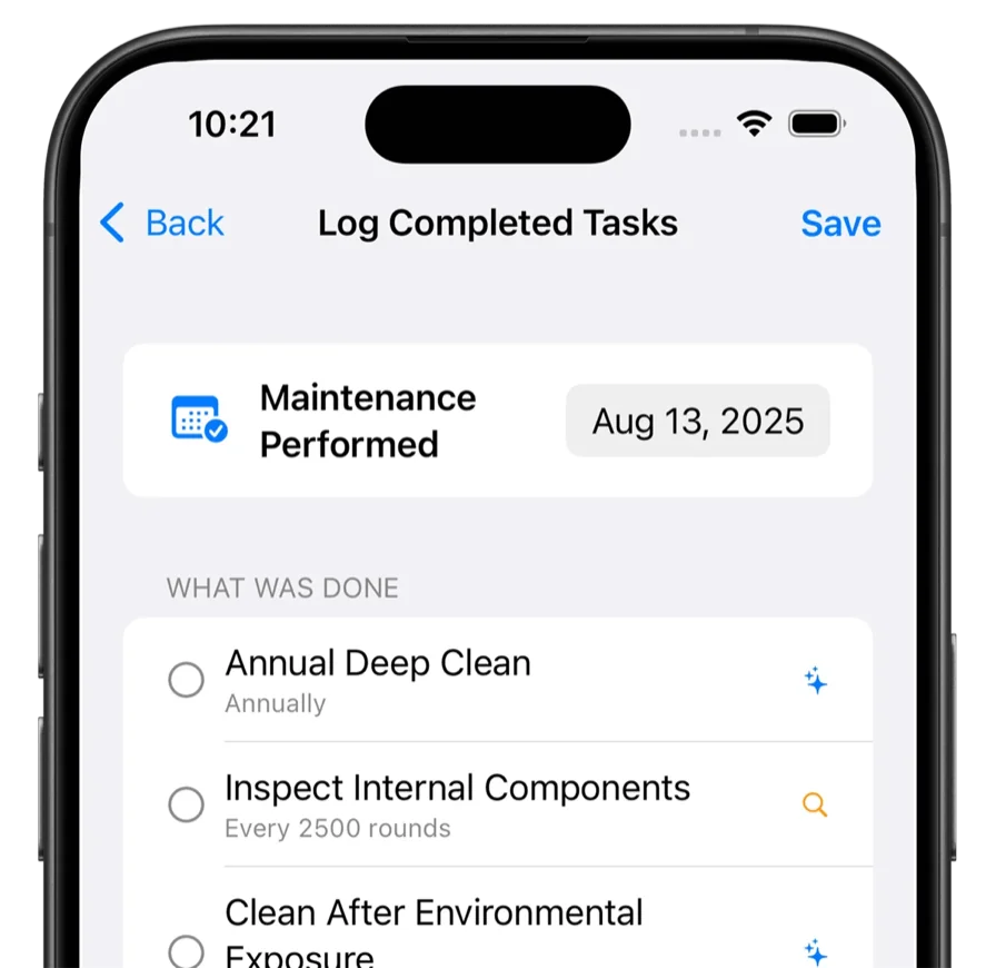 Maintenance tracking and reminders screen