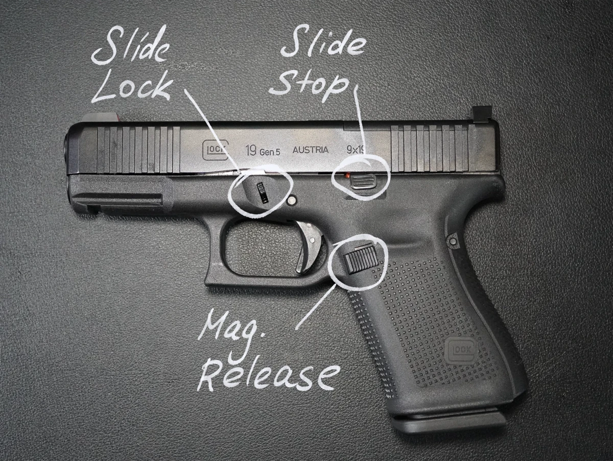 Glock 19 Gen 5 with the slide lock, slide stop, and magazine release annotated
