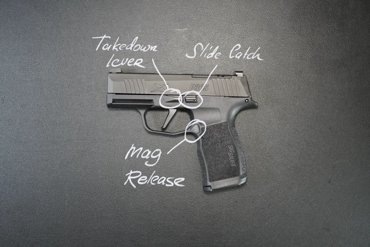 SIG Sauer P365 X with the takedown lever, slide catch, and magazine release annotated