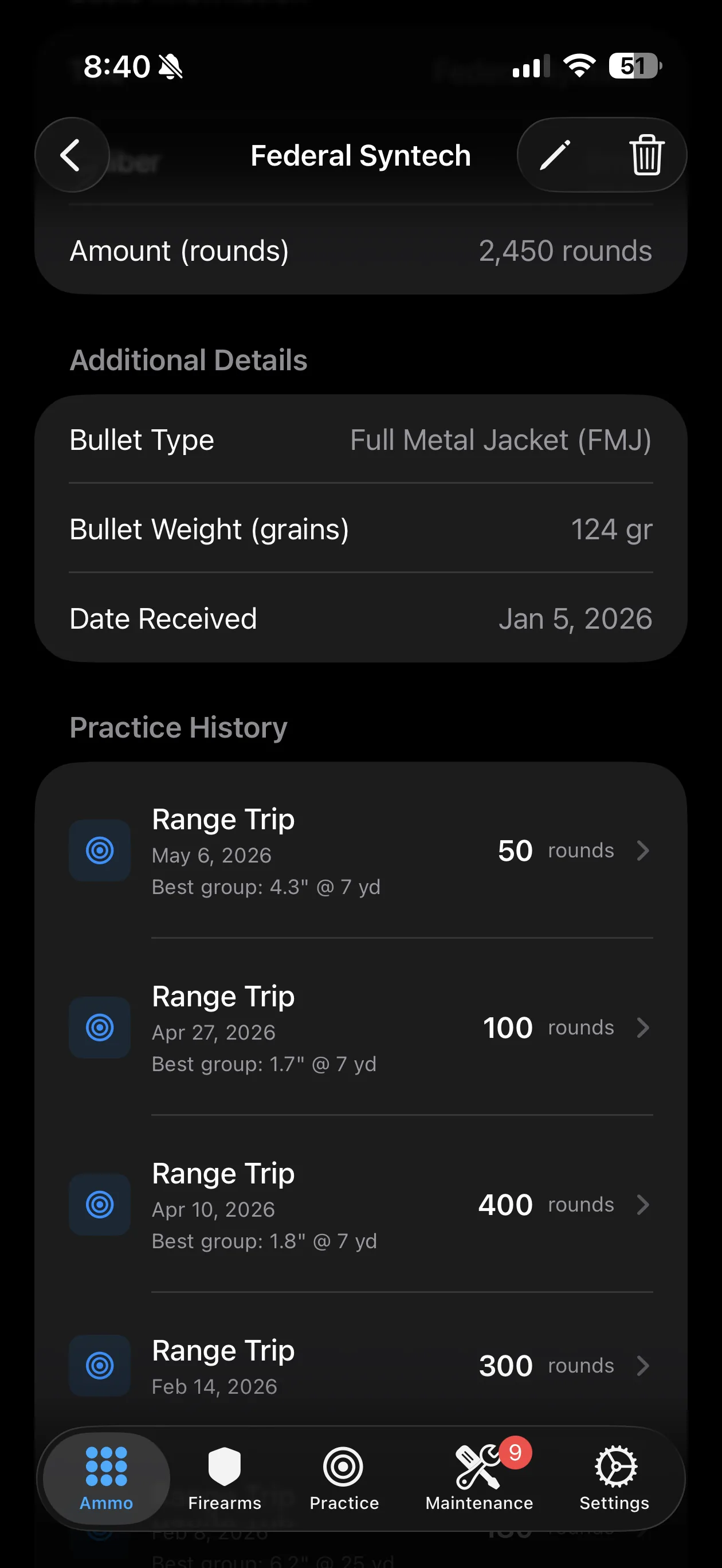 Ammo detail — current count, date received, and every practice session it appeared in